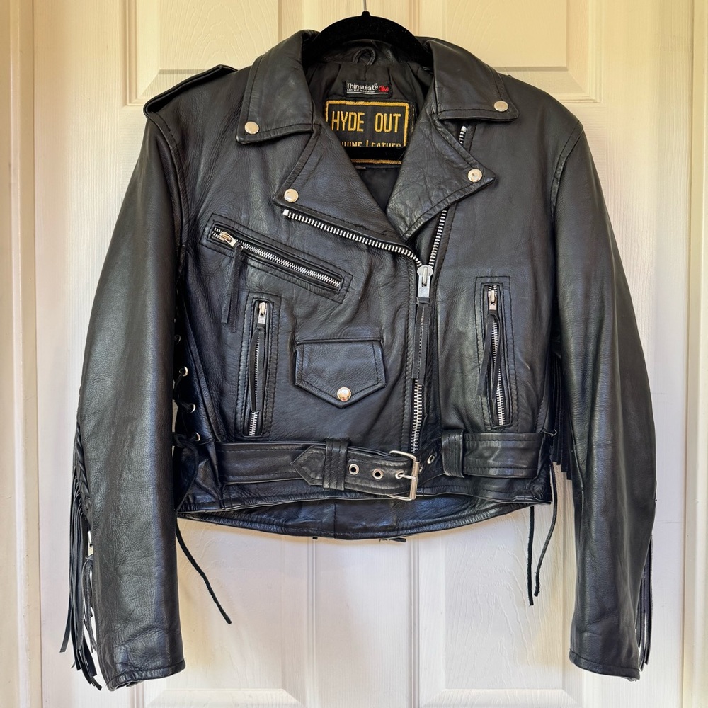 Hyde Out Vintage Leather Biker Fringe Motorcycle Riding Cropped Jacket Small